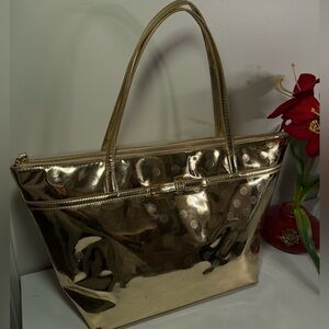 Kate Spade New York Tote Bag Womens Gold Metallic Polka Dot Zip Top Shoulder